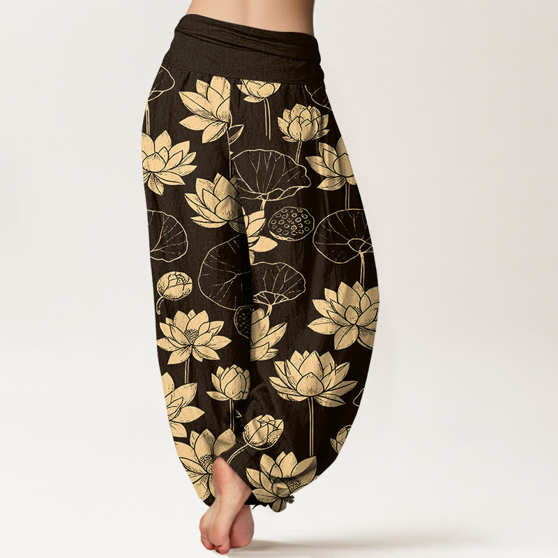 Pantalon harem à taille élastique pour femme, motif de Buddha Stones de lotus, feuilles et gousses en coton. - image 1