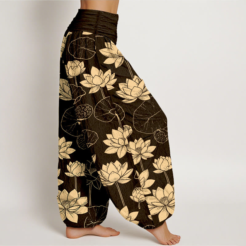Pantalon harem à taille élastique pour femme, motif de Buddha Stones de lotus, feuilles et gousses en coton. - image 2