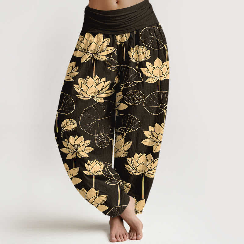 Pantalon harem à taille élastique pour femme, motif de Buddha Stones de lotus, feuilles et gousses en coton. - Noir - US16，UK/AU20，EU48 (3XL) - image 0