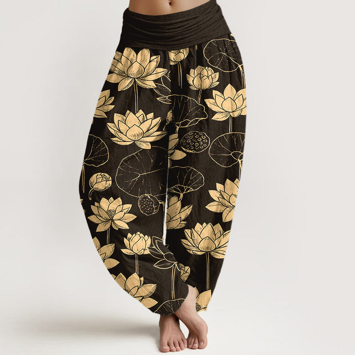 Pantalon harem à taille élastique pour femme, motif de Buddha Stones de lotus, feuilles et gousses en coton. - Noir - US16，UK/AU20，EU48 (3XL) - image 0