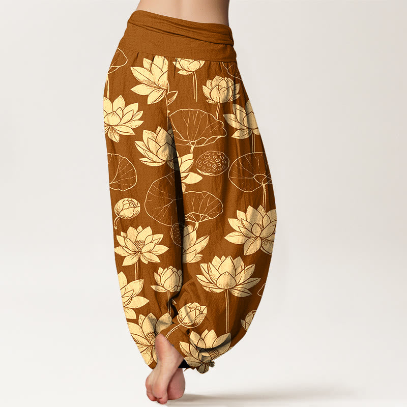 Pantalon harem à taille élastique pour femme, motif de Buddha Stones de lotus, feuilles et gousses en coton. - image 6