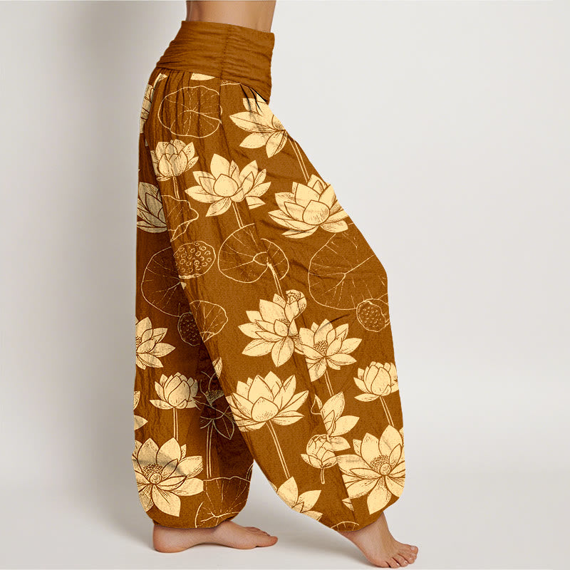 Pantalon harem à taille élastique pour femme, motif de Buddha Stones de lotus, feuilles et gousses en coton. - image 7