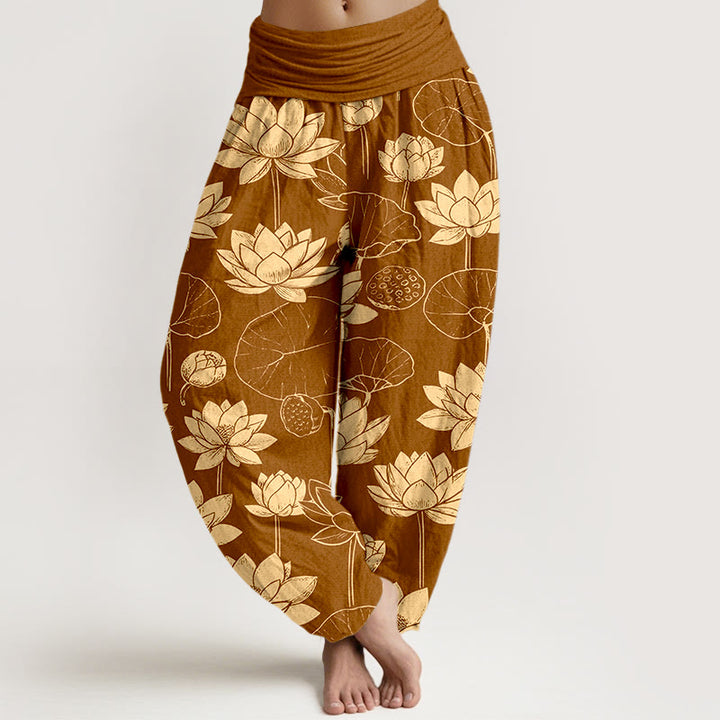 Pantalon harem à taille élastique pour femme, motif de Buddha Stones de lotus, feuilles et gousses en coton. - Chocolat - US16，UK/AU20，EU48 (3XL) - image 5