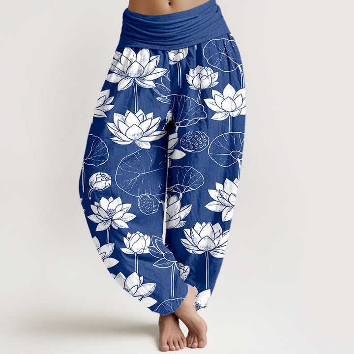 Pantalon harem à taille élastique pour femme, motif de Buddha Stones de lotus, feuilles et gousses en coton. - Bleu royal - US16，UK/AU20，EU48 (3XL) - image 8