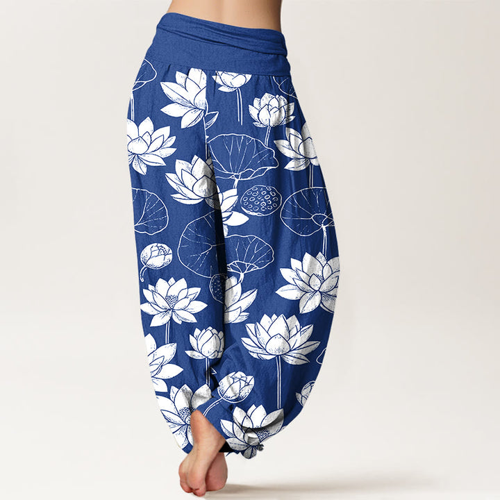 Pantalon harem à taille élastique pour femme, motif de Buddha Stones de lotus, feuilles et gousses en coton. - image 9