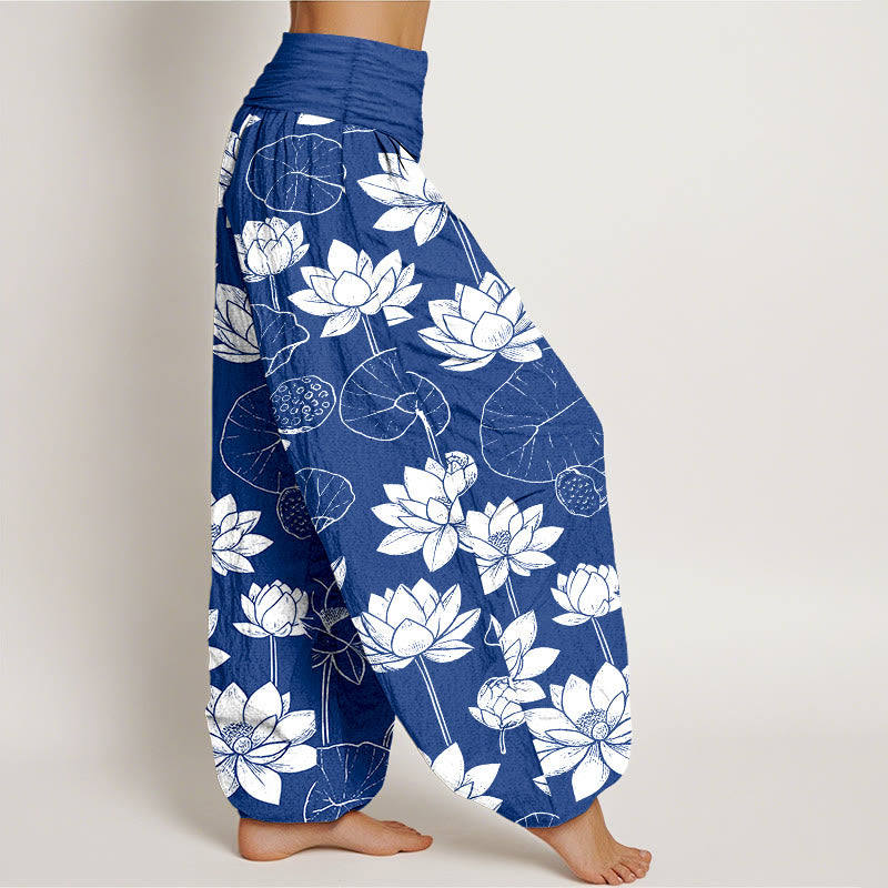 Pantalon harem à taille élastique pour femme, motif de Buddha Stones de lotus, feuilles et gousses en coton. - image 10