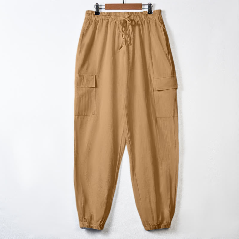 Pantalon cargo en lin uni avec cordon de serrage et poches pour homme Motif Buddha Stones - SandyBrown - US/UK/AU46，EU56 (3XL) - image 30