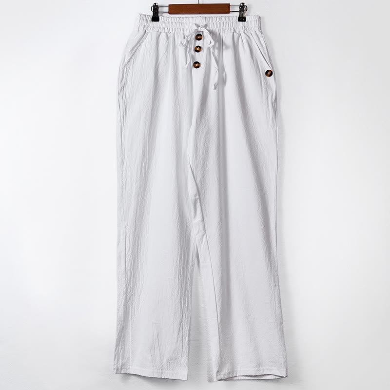 Pantalon en coton pour homme avec poches et boutons de couleur unie et cordon de serrage - Blanc - US/UK/AU46，EU56 (3XL) - image 7