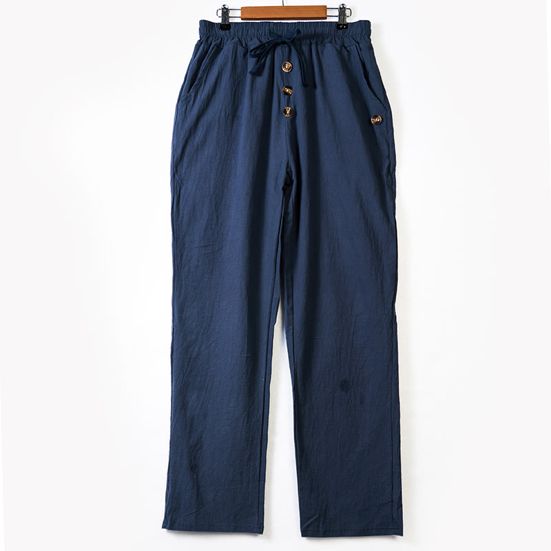Pantalon en coton pour homme avec poches et boutons de couleur unie et cordon de serrage - image 1