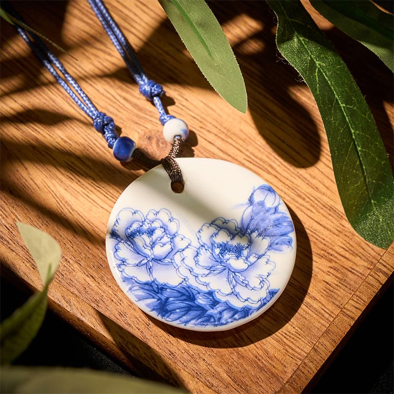 Collier en céramique avec pendentif d'illumination, Buddha Stones, pivoine ethnique, fleurs de pêcher, symbole de lotus - Pivoines en fleurs - image 10