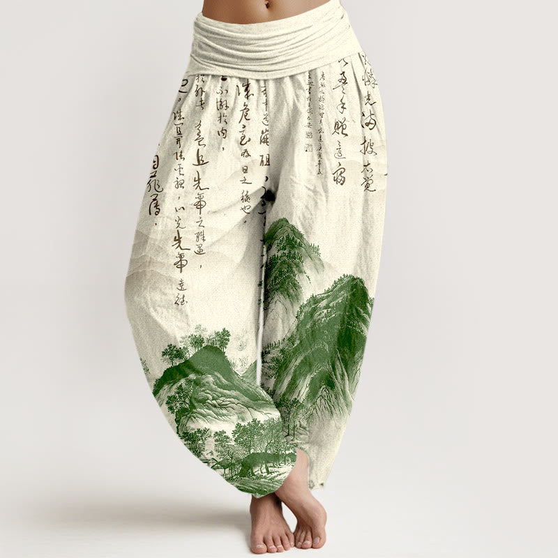 Pantalon harem à taille élastique pour femme, en pur coton, orné de calligraphie chinoise et de paysages, avec Buddha Stones. - Beige - US16，UK/AU20，EU48 (3XL) - image 0