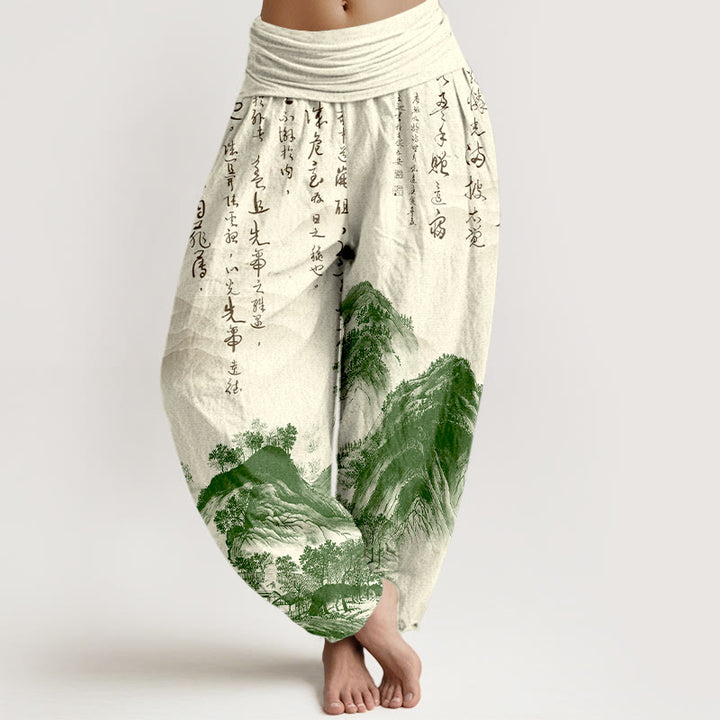 Pantalon harem à taille élastique pour femme, en pur coton, orné de calligraphie chinoise et de paysages, avec Buddha Stones. - Beige - US16，UK/AU20，EU48 (3XL) - image 0