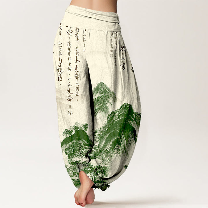 Pantalon harem à taille élastique pour femme, en pur coton, orné de calligraphie chinoise et de paysages, avec Buddha Stones. - image 1