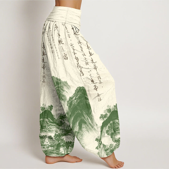Pantalon harem à taille élastique pour femme, en pur coton, orné de calligraphie chinoise et de paysages, avec Buddha Stones. - image 2
