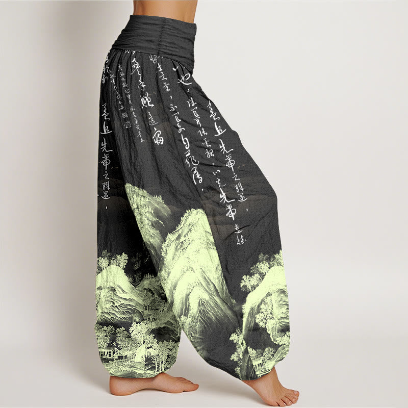 Pantalon harem à taille élastique pour femme, en pur coton, orné de calligraphie chinoise et de paysages, avec Buddha Stones. - image 7