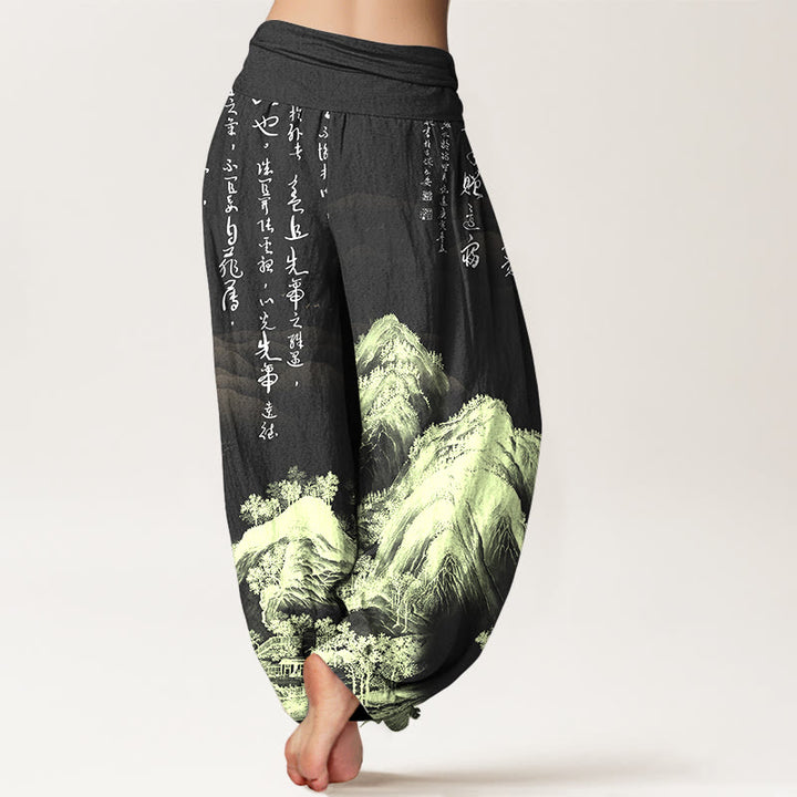Pantalon harem à taille élastique pour femme, en pur coton, orné de calligraphie chinoise et de paysages, avec Buddha Stones. - image 6