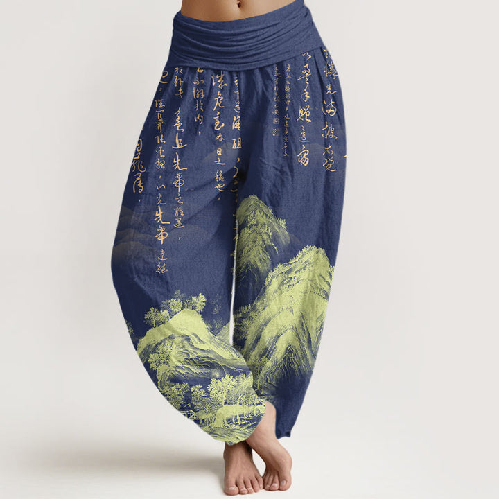 Pantalon harem à taille élastique pour femme, en pur coton, orné de calligraphie chinoise et de paysages, avec Buddha Stones. - Bleu foncé - US16，UK/AU20，EU48 (3XL) - image 8
