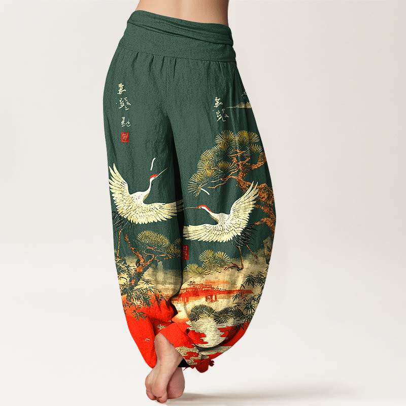 Pantalon harem pour femme en pur coton à motif de grues et de pins, taille élastique , Buddha Stones - image 1