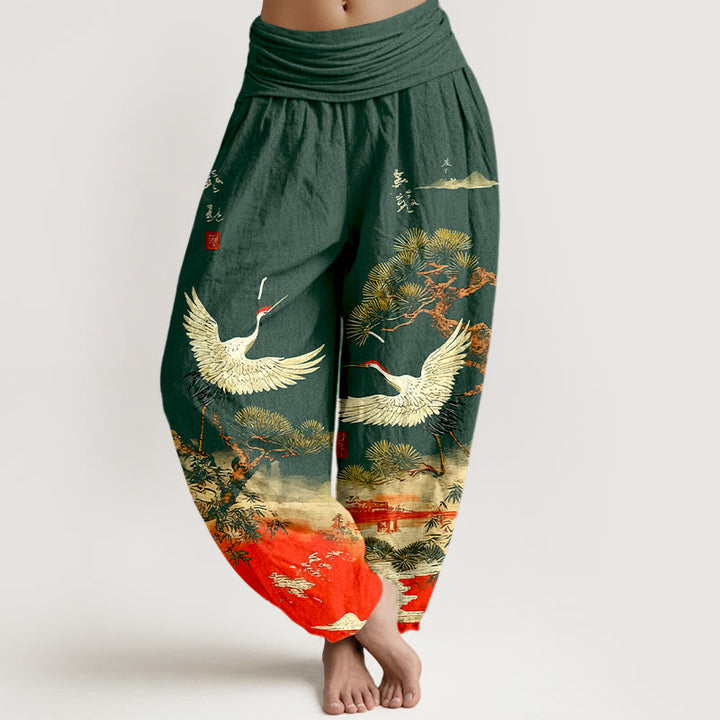 Pantalon harem pour femme en pur coton à motif de grues et de pins, taille élastique , Buddha Stones - Vert foncé - US16，UK/AU20，EU48 (3XL) - image 0