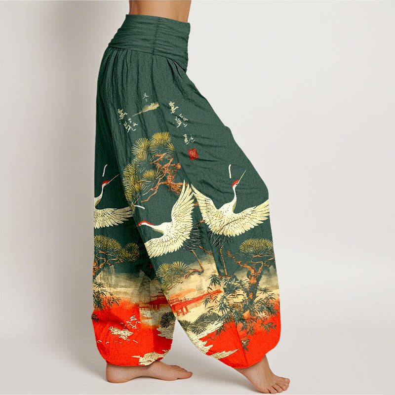 Pantalon harem pour femme en pur coton à motif de grues et de pins, taille élastique , Buddha Stones - image 2