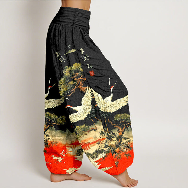 Pantalon harem pour femme en pur coton à motif de grues et de pins, taille élastique , Buddha Stones - image 7