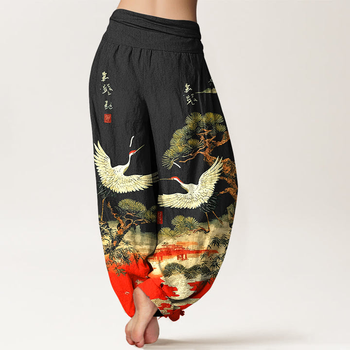 Pantalon harem pour femme en pur coton à motif de grues et de pins, taille élastique , Buddha Stones - image 6