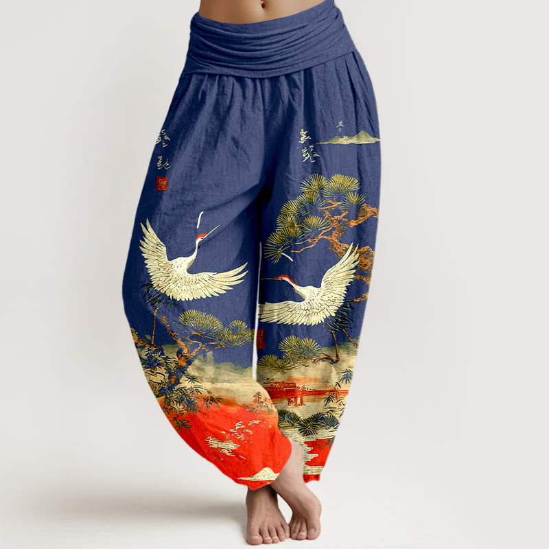Pantalon harem pour femme en pur coton à motif de grues et de pins, taille élastique , Buddha Stones - Marine - US16，UK/AU20，EU48 (3XL) - image 8
