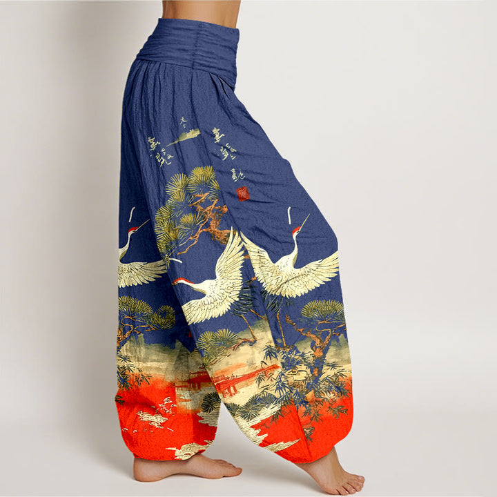 Pantalon harem pour femme en pur coton à motif de grues et de pins, taille élastique , Buddha Stones - image 10