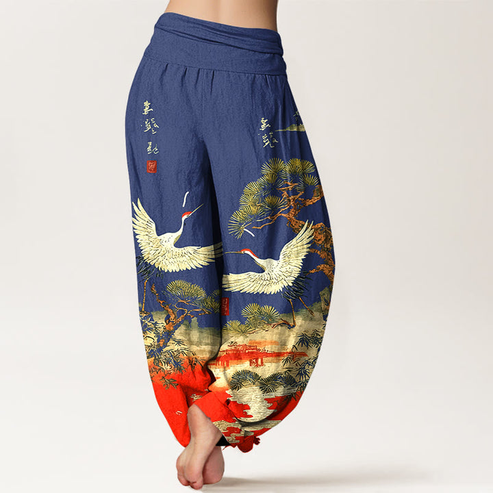 Pantalon harem pour femme en pur coton à motif de grues et de pins, taille élastique , Buddha Stones - image 9