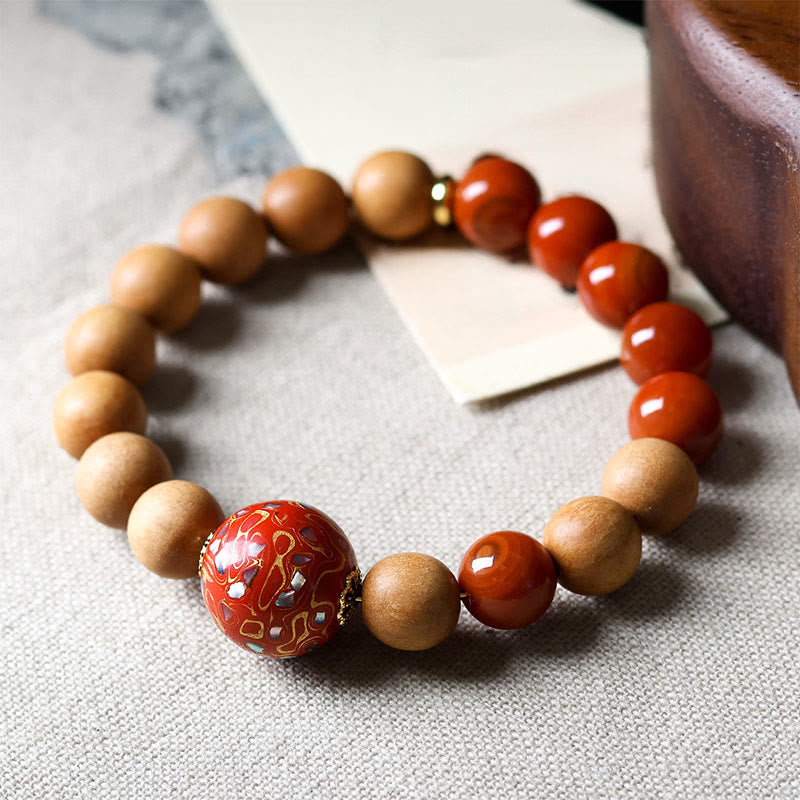 Bracelet de protection en perles laquées de Buddha Stones , bois de santal rouge du Sud et agate. - Bois de santal (Tour de poignet : 14-16 cm) - image 1