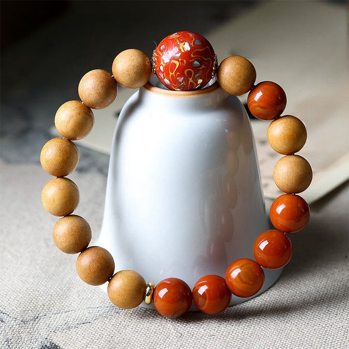 Bracelet de protection en perles laquées de Buddha Stones , bois de santal rouge du Sud et agate. - image 4