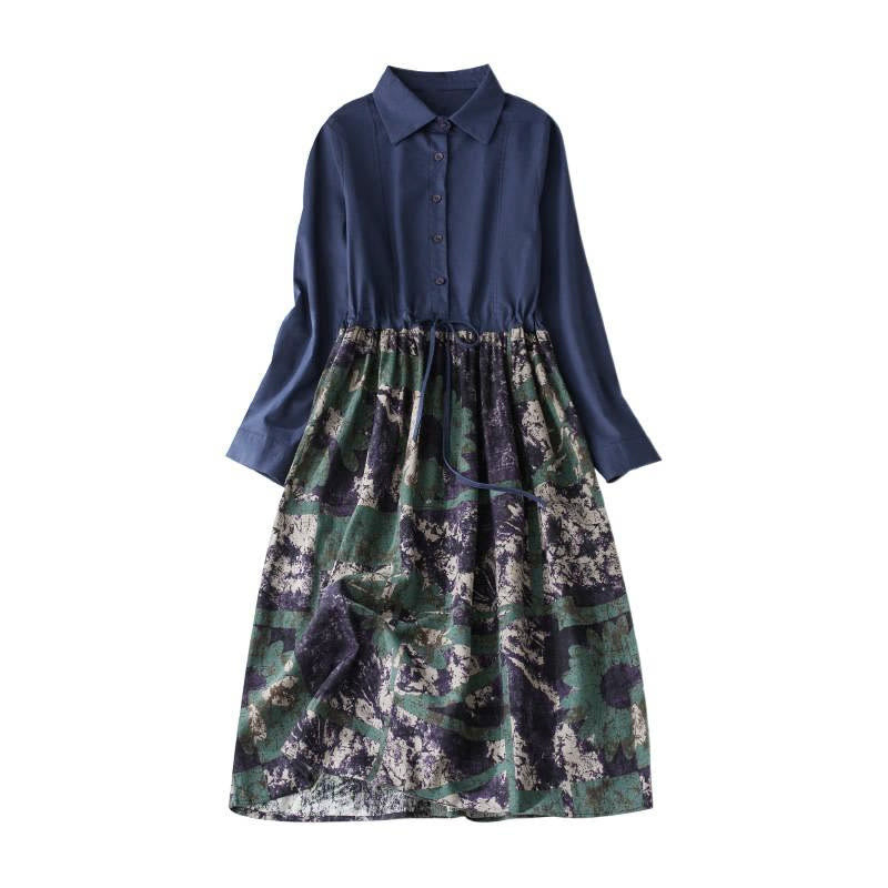 Robe midi en lin à manches longues, imprimé patchwork et Buddha Stones , avec cordon de serrage et poches - image 9