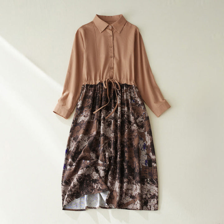 Robe midi en lin à manches longues, imprimé patchwork et Buddha Stones , avec cordon de serrage et poches - SandyBrown - US8-10，UK/AU12-14，EU40-42 (2XL) - image 11