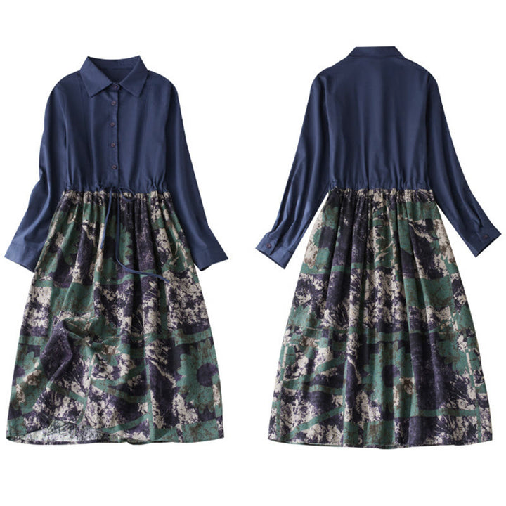 Robe midi en lin à manches longues, imprimé patchwork et Buddha Stones , avec cordon de serrage et poches - image 10