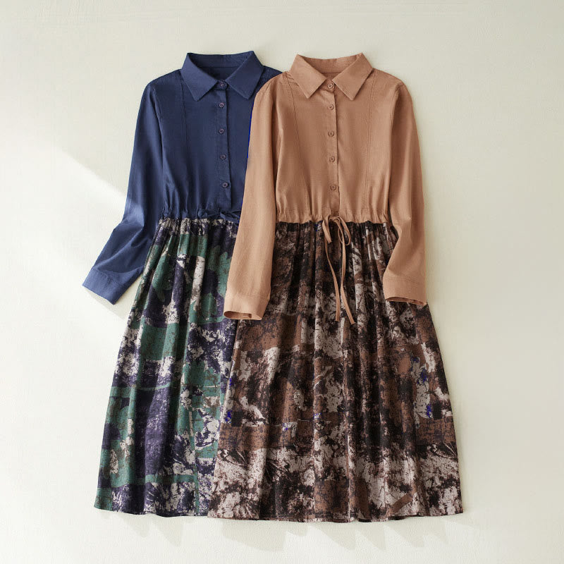 Robe midi en lin à manches longues, imprimé patchwork et Buddha Stones , avec cordon de serrage et poches - image 0