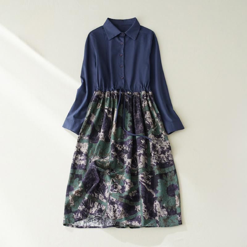Robe midi en lin à manches longues, imprimé patchwork et Buddha Stones , avec cordon de serrage et poches - Bleu foncé - US8-10，UK/AU12-14，EU40-42 (2XL) - image 1