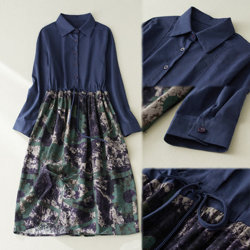 Robe midi en lin à manches longues, imprimé patchwork et Buddha Stones , avec cordon de serrage et poches - image 8