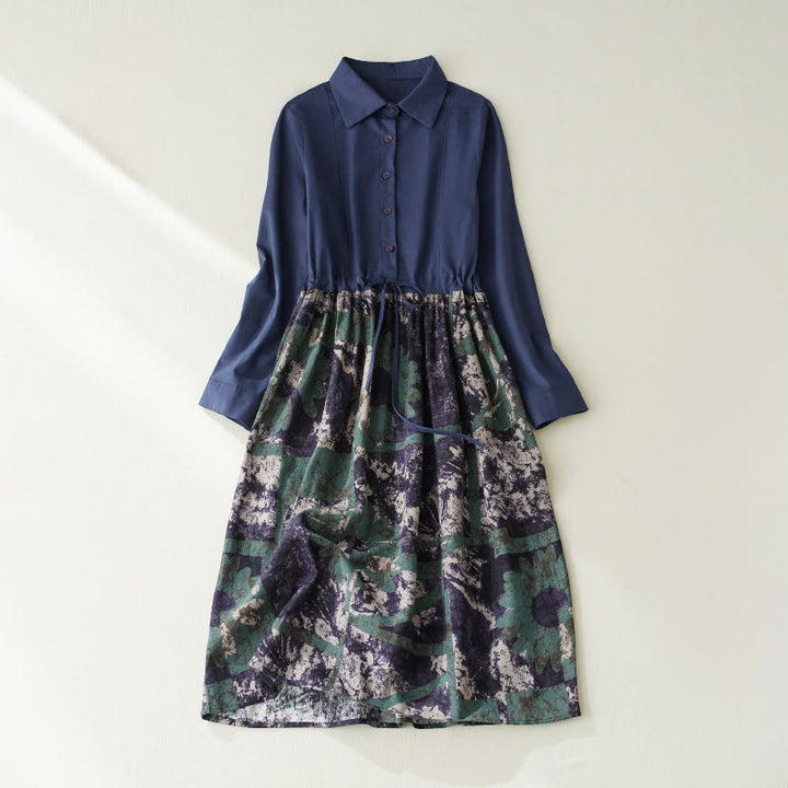 Robe midi en lin à manches longues, imprimé patchwork et Buddha Stones , avec cordon de serrage et poches - Bleu foncé - US8-10，UK/AU12-14，EU40-42 (2XL) - image 1