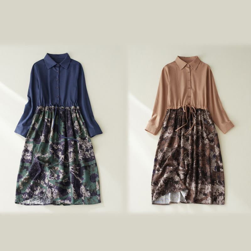 Robe midi en lin à manches longues, imprimé patchwork et Buddha Stones , avec cordon de serrage et poches - image 14