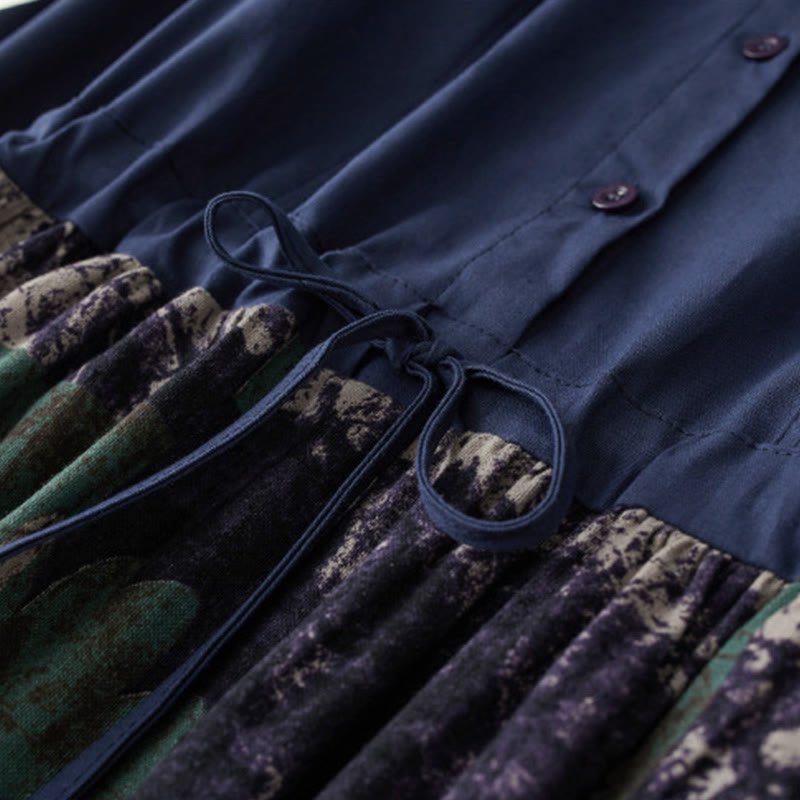 Robe midi en lin à manches longues, imprimé patchwork et Buddha Stones , avec cordon de serrage et poches - image 4