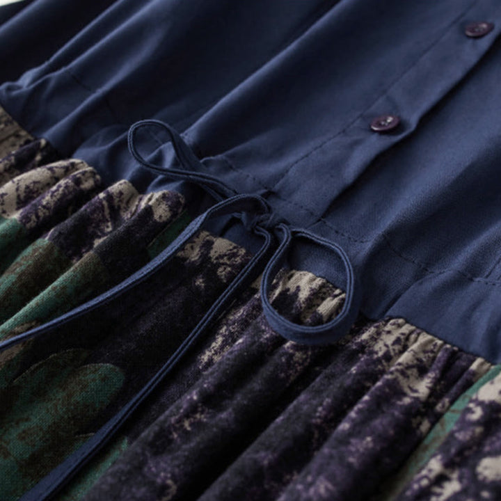 Robe midi en lin à manches longues, imprimé patchwork et Buddha Stones , avec cordon de serrage et poches - image 4