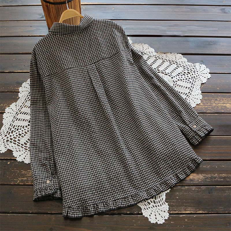 Chemise à manches longues pour femme avec boutons, motif à carreaux printanier Buddha Stones et ourlet volanté - image 5
