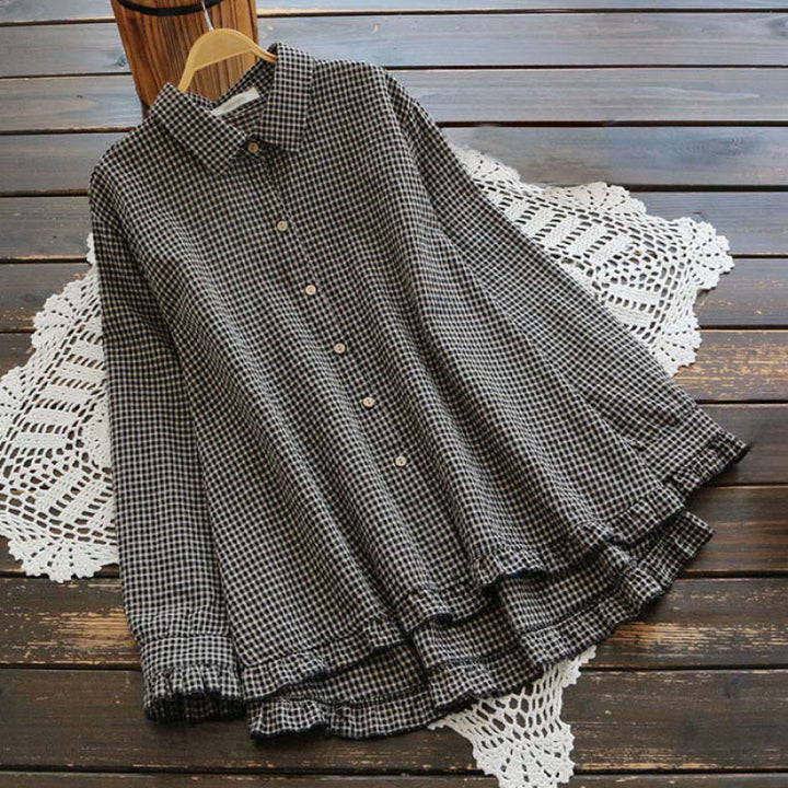 Chemise à manches longues pour femme avec boutons, motif à carreaux printanier Buddha Stones et ourlet volanté - Noir - US16，UK/AU20，EU48 (4XL) - image 4