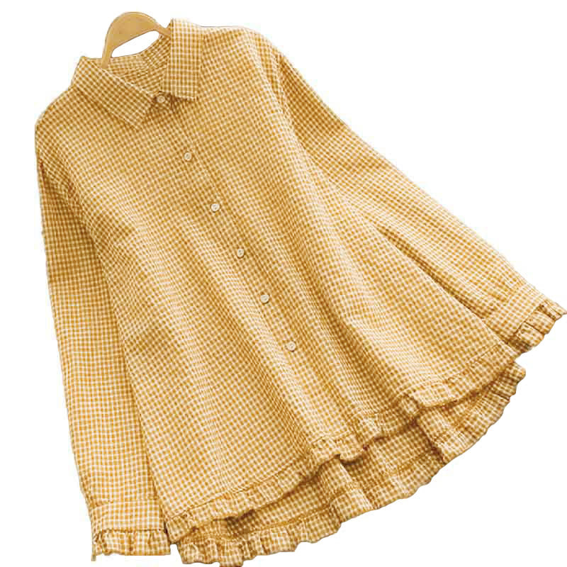Chemise à manches longues pour femme avec boutons, motif à carreaux printanier Buddha Stones et ourlet volanté - image 3