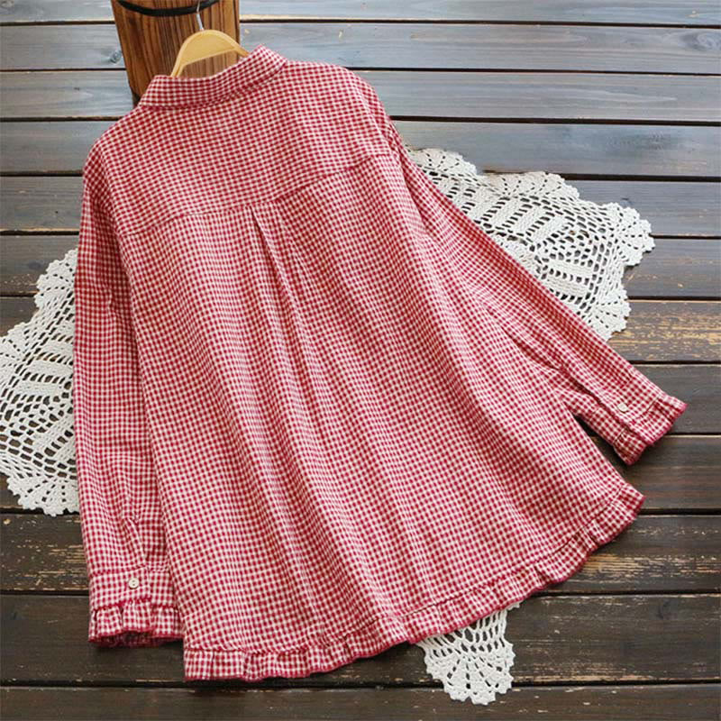 Chemise à manches longues pour femme avec boutons, motif à carreaux printanier Buddha Stones et ourlet volanté - image 1