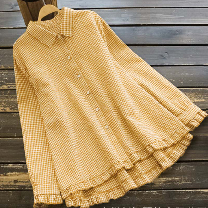 Chemise à manches longues pour femme avec boutons, motif à carreaux printanier Buddha Stones et ourlet volanté - Jaune - US16，UK/AU20，EU48 (4XL) - image 2