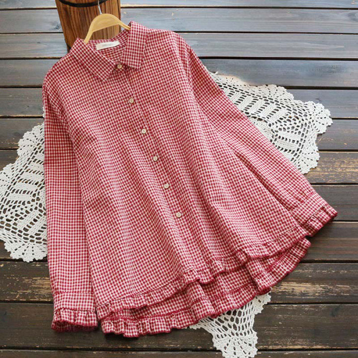 Chemise à manches longues pour femme avec boutons, motif à carreaux printanier Buddha Stones et ourlet volanté - Cramoisi - US16，UK/AU20，EU48 (4XL) - image 0