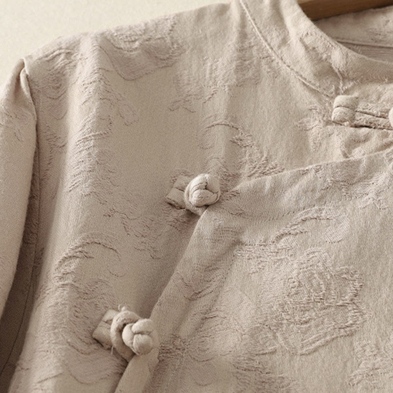 Chemise à manches longues pour femme en coton et lin, à boutons, motif jacquard de Buddha Stones et patte de boutonnage diagonale - image 3