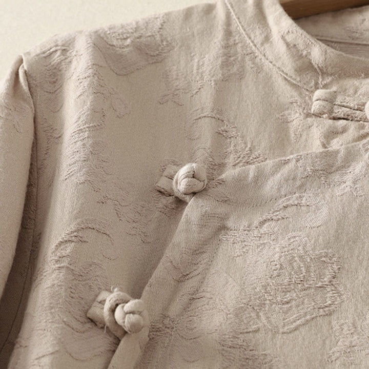 Chemise à manches longues pour femme en coton et lin, à boutons, motif jacquard de Buddha Stones et patte de boutonnage diagonale - image 3