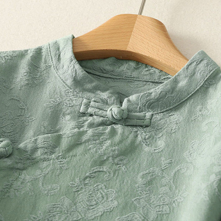 Chemise à manches longues pour femme en coton et lin, à boutons, motif jacquard de Buddha Stones et patte de boutonnage diagonale - image 7